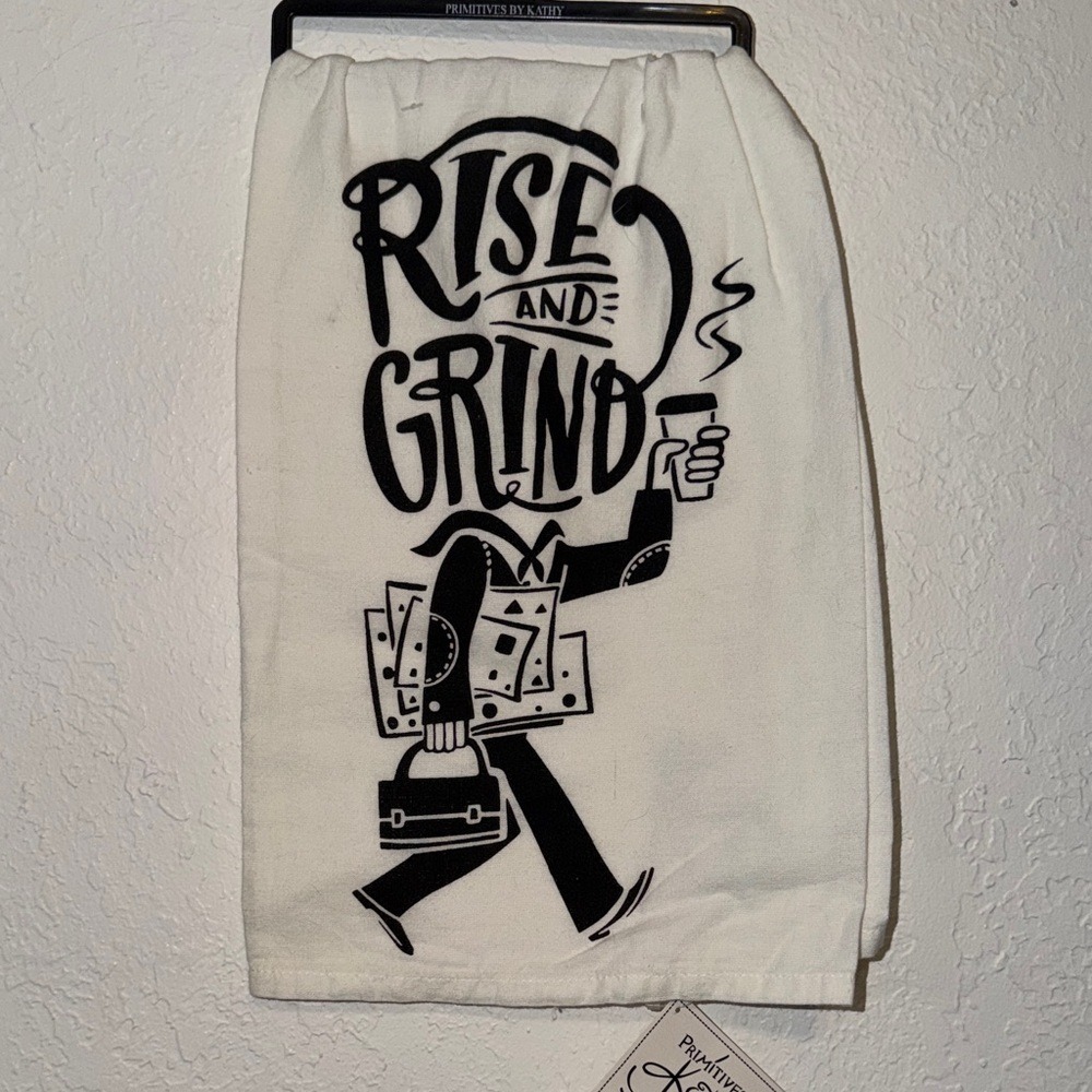 Primitives by Kathy Rise and Grind Coffee Dish Towel White Cotton 33196 NWT